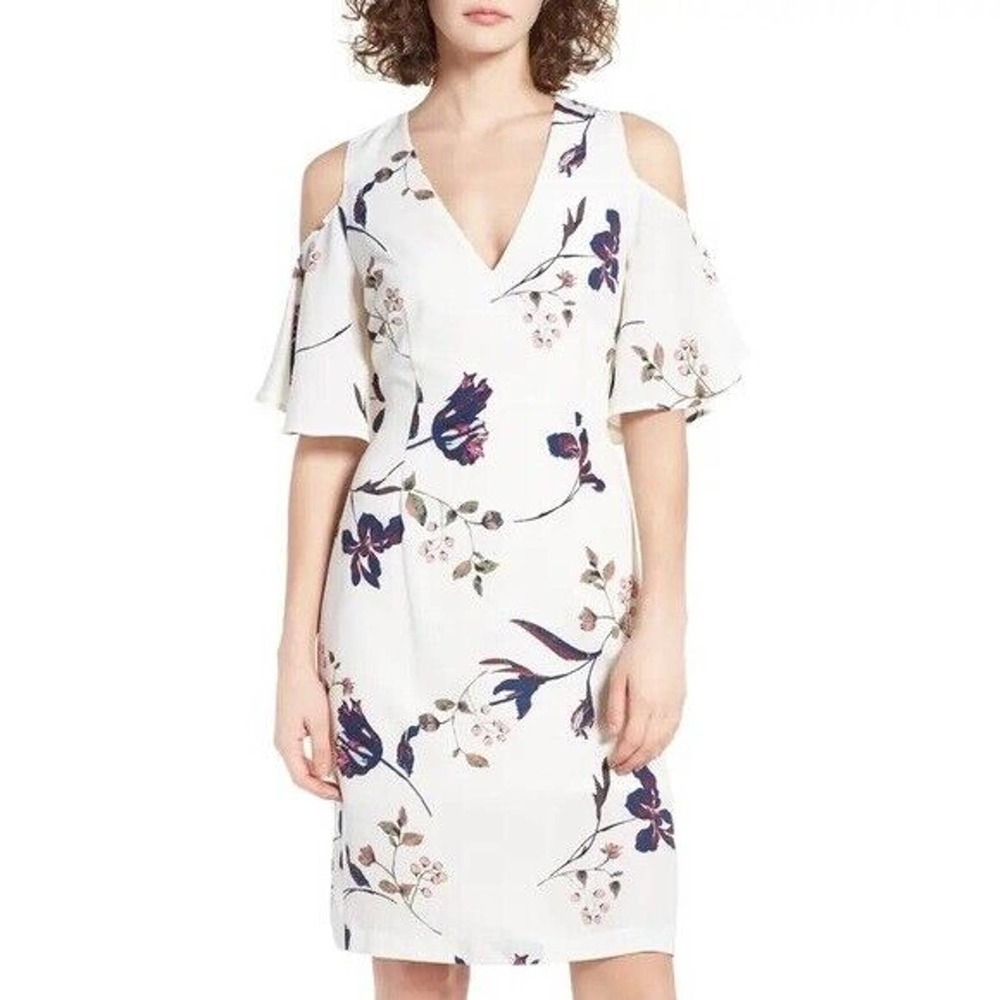Leith Size Small Cold Shoulder Floral Flutter Sleeve Dress Cream Ivory V Neck